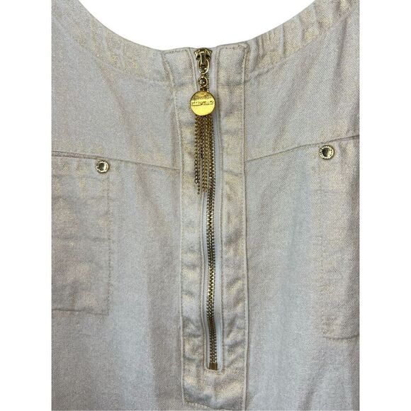 Ellen Tracy Linen Blend 3/4 Roll Tab Sleeve Gold Accent Tunic Top Sz L - Picture 3 of 5